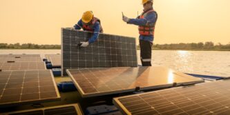 Male,Workers,Repair,Floating,Solar,Panels,On,Water,Lake.,Engineers
